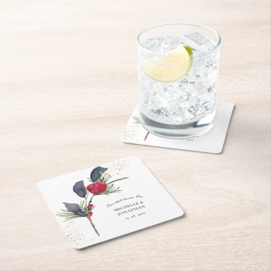 赤モダン緑の冬のフローラクリスチャン結婚ズ スクエアペーパーコースター (インサイチュ)