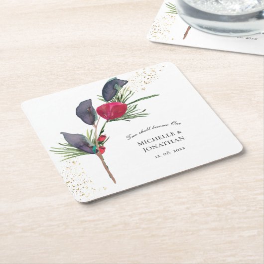 赤モダン緑の冬のフローラクリスチャン結婚ズ スクエアペーパーコースター (アングル)