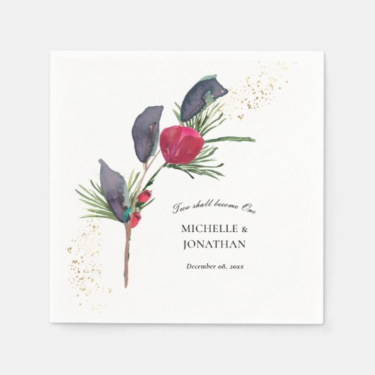 赤モダン緑の冬のフローラクリスチャン結婚ズ スタンダードカクテルナプキン (正面)