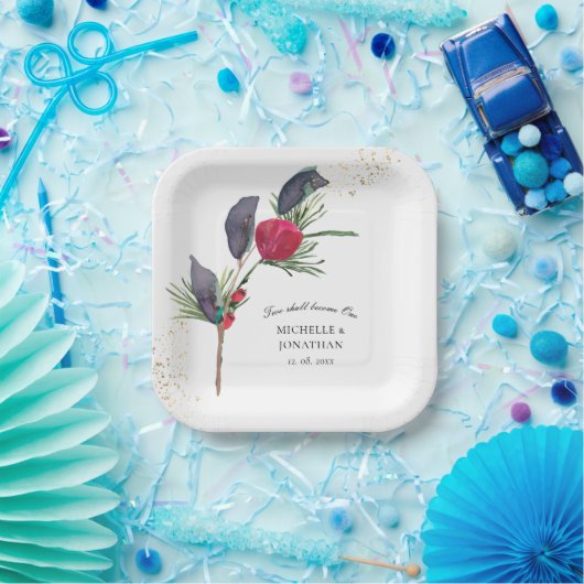 赤モダン緑の冬のフローラクリスチャン結婚ズ ペーパープレート (パーティー)