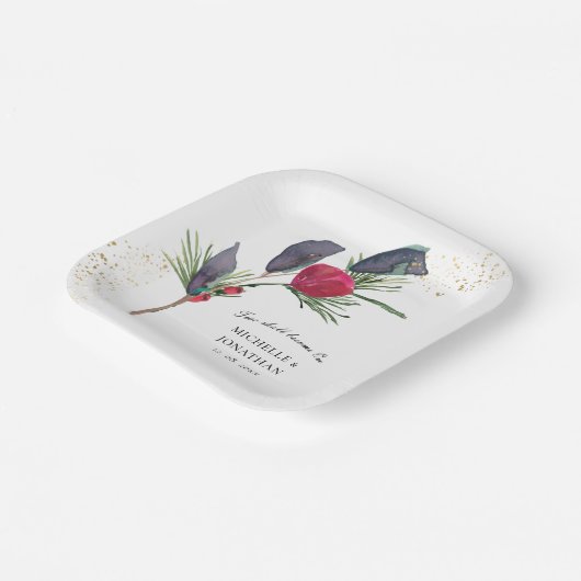 赤モダン緑の冬のフローラクリスチャン結婚ズ ペーパープレート (傾斜あり)