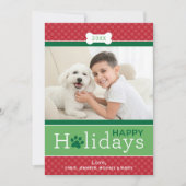 赤モダン緑の子犬テーマハッピーホリデイズ シーズンカード (正面)