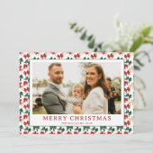 赤モダン緑の弓の写真クリスマス シーズンカード (スタンド正面)