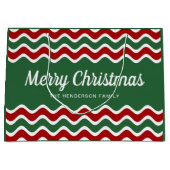 赤モダン緑の聖降誕祭ストライプ騒ぎ ラージペーパーバッグ (正面)