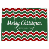 赤モダン緑の聖降誕祭ストライプ騒ぎ ラージペーパーバッグ (裏面)