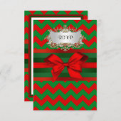 赤モダン緑シボロンジグザグリボンクリスマス 出欠カード (正面/裏面)