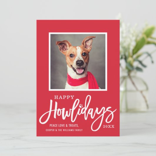 赤モダン緑ハッピーハウリデイズ子犬の写真 シーズンカード (スタンド正面)