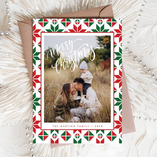 赤モダン緑フォークキルトフォトクリスマスカード シーズンカード