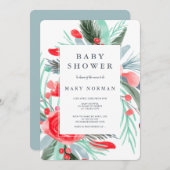 赤モダン緑フローラ水の色の赤ちゃんシャワー 招待状 (正面/裏面)