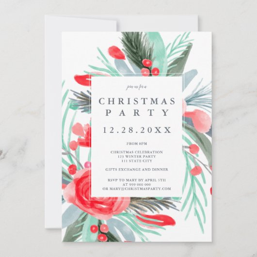 赤モダン緑フローラ水の色クリスマスパーティー 招待状 (正面)
