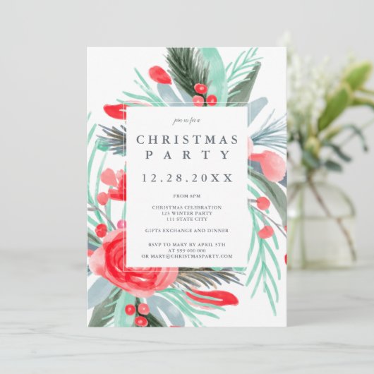 赤モダン緑フローラ水の色クリスマスパーティー 招待状 (スタンド正面)