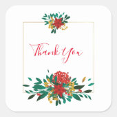 赤モダン緑&金ゴールドクリスマスフローラありがとう スクエアシール (正面)