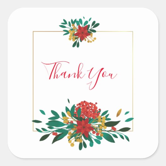 赤モダン緑&金ゴールドクリスマスフローラありがとう スクエアシール (正面)