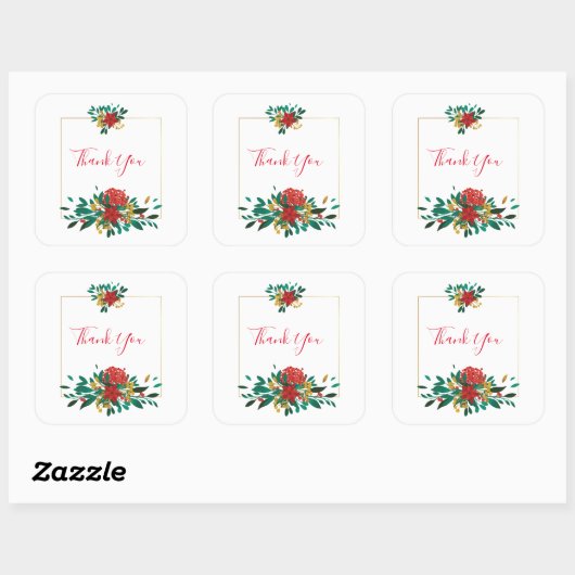 赤モダン緑&金ゴールドクリスマスフローラありがとう スクエアシール (シート)