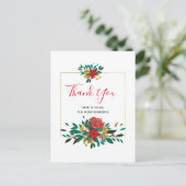 赤モダン緑&金ゴールドクリスマスフローラありがとう ポストカード (スタンド正面)