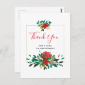 赤モダン緑&金ゴールドクリスマスフローラありがとう ポストカード (正面/裏面)