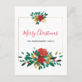 赤モダン緑&金ゴールドクリスマスフローラ シーズンポストカード (正面)