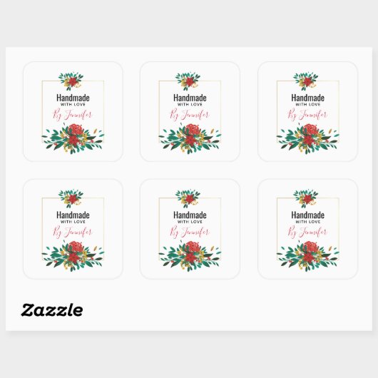 赤モダン緑&金ゴールドクリスマスフローラ スクエアシール (シート)