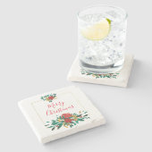 赤モダン緑&金ゴールドクリスマスフローラ ストーンコースター (横)