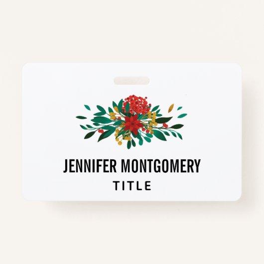 赤モダン緑&金ゴールドクリスマスフローラ バッジ (正面)