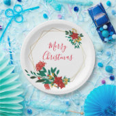 赤モダン緑&金ゴールドクリスマスフローラ ペーパープレート (パーティー)