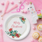 赤モダン緑&金ゴールドクリスマスフローラ ペーパープレート (パーティー)