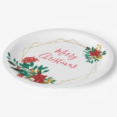 赤モダン緑&金ゴールドクリスマスフローラ ペーパープレート (アングル)