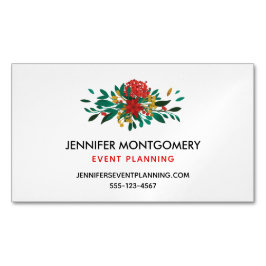 赤モダン緑&金ゴールドクリスマスフローラ マグネット名刺