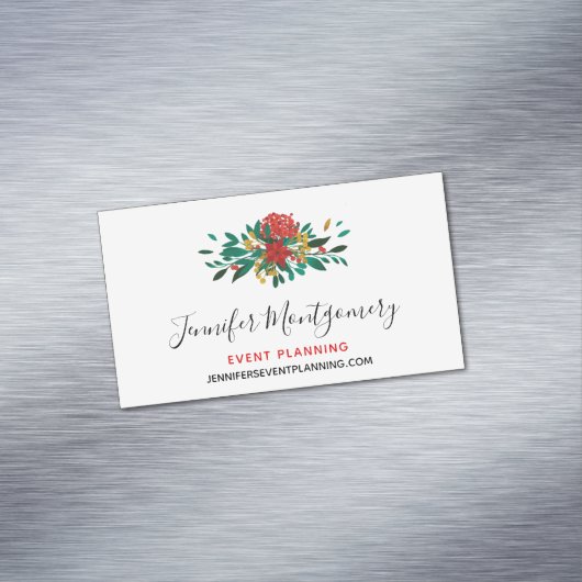 赤モダン緑&金ゴールドクリスマスフローラ マグネット名刺 (インサイチュ)