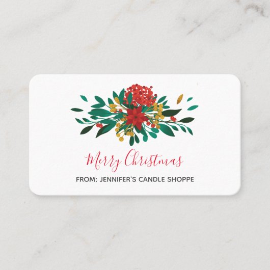 赤モダン緑&金ゴールドクリスマスフローラ 名刺 (正面)