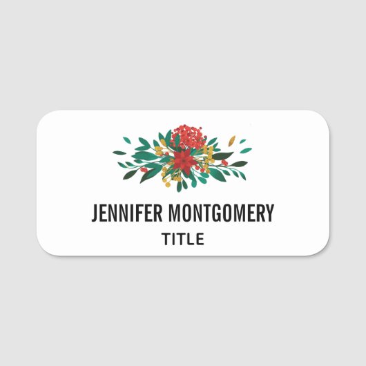 赤モダン緑&金ゴールドクリスマスフローラ 名札 (正面)
