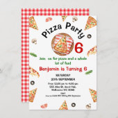 赤モダン緑Any Ageピザパーティー誕生日 招待状 (正面/裏面)