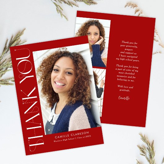 赤モダン縦エレガント3枚の写真卒業 サンキューカード