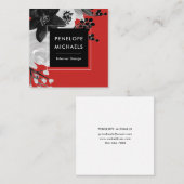 赤モダン背景の白黒フローラ スクエア名刺 (正面/裏面)