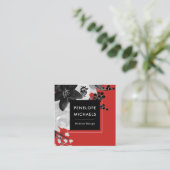 赤モダン背景の白黒フローラ スクエア名刺 (スタンド正面)