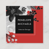 赤モダン背景の白黒フローラ スクエア名刺 (正面)