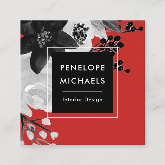 赤モダン背景の白黒フローラ スクエア名刺 (正面)