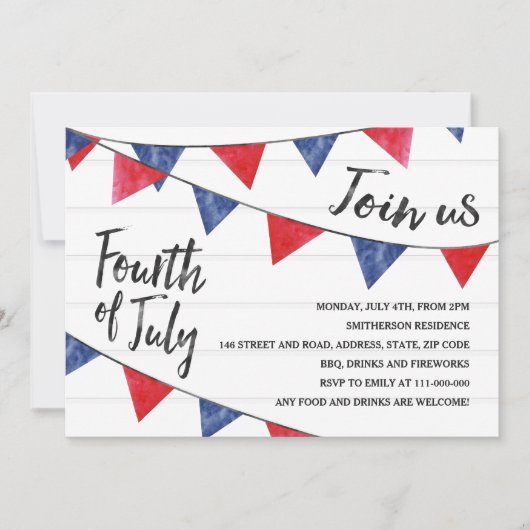 赤モダン色のバンティング旗の木7月4日 招待状 (正面)