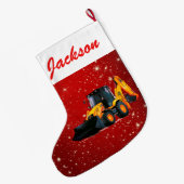 赤モダン色の黄色のローダートラクタ ラージクリスマスストッキング (裏面 (吊り時))