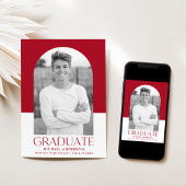 赤モダン色ブロックアーチ写真卒業 案内状