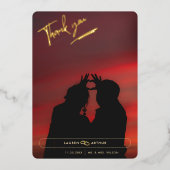 赤モダン色ミニマルシック結婚写真サンキュー 箔招待状 (正面)