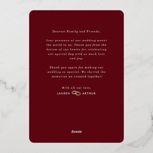 赤モダン色ミニマルシック結婚写真サンキュー 箔招待状 (裏面)