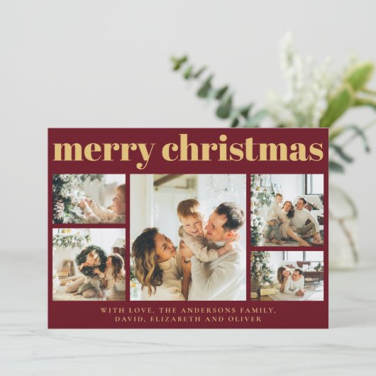 赤モダン色 | 家族の写真コラージクリスマス シーズンカード (スタンド正面)