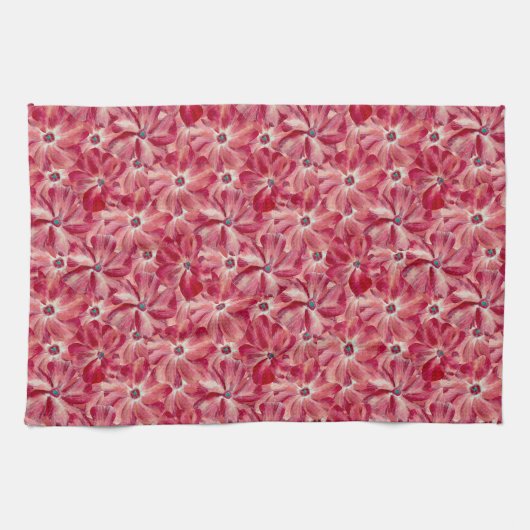 赤モダン花水彩花模様 キッチンタオル (横)