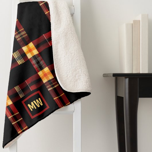 赤モダン茶はっきりした黄モノグラム シェルパブランケット