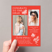 赤モダン蝶の写真卒業パーティー アクリル招待状 (インサイチュ (ポータブル))