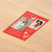 赤モダン蝶の写真卒業パーティー アクリル招待状 (レイダウン)