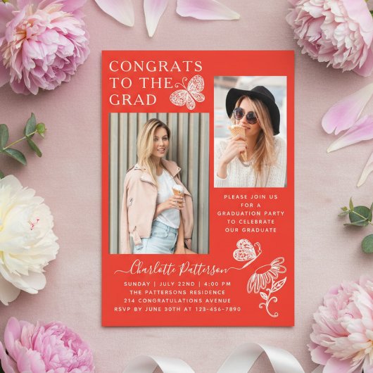 赤モダン蝶の写真卒業パーティー アクリル招待状