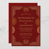 赤モダン金ゴールドインディアン幾何結婚の 招待状 (正面/裏面)