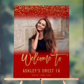 赤モダン金ゴールドグリッターSweet 16フォトウェルカム アクリルサイン (ニュートラル)